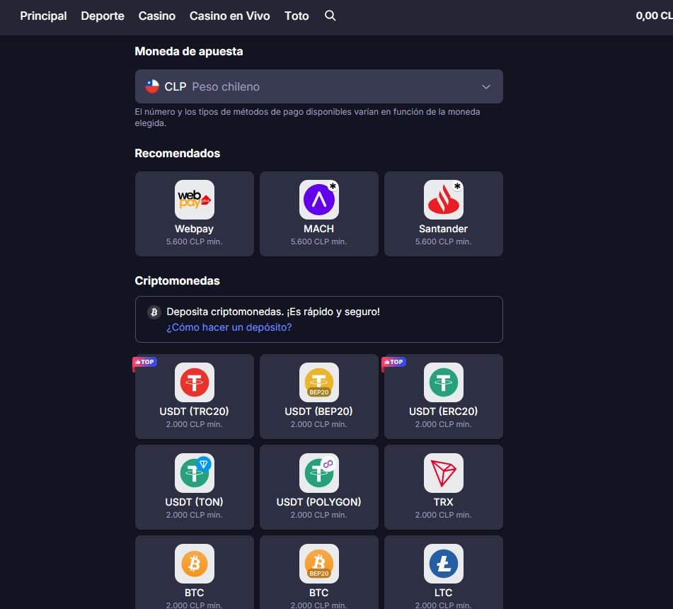Métodos de pago de Marathonbet en Chile con CLP: Webpay, MACH, Santander y criptomonedas USDT, BTC, ETH