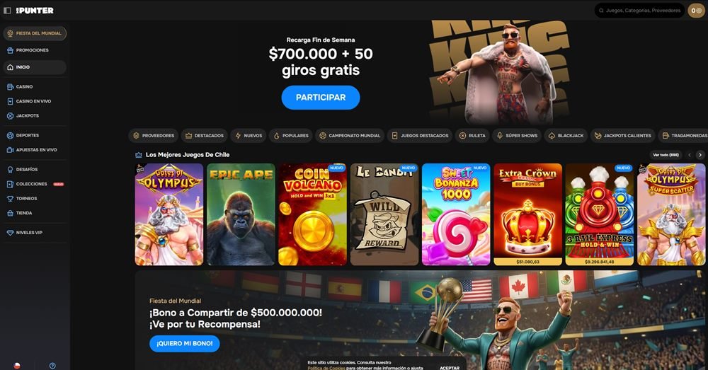 Lobby de MrPunter con promoción Recarga Fin de Semana de $700.000 + 50 giros y los mejores juegos de Chile