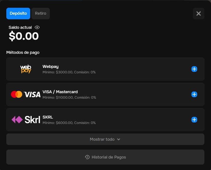 Caja de MrPunter con métodos de pago para Chile: WebPay desde $3.000, VISA/Mastercard y Skrill, comisión 0%