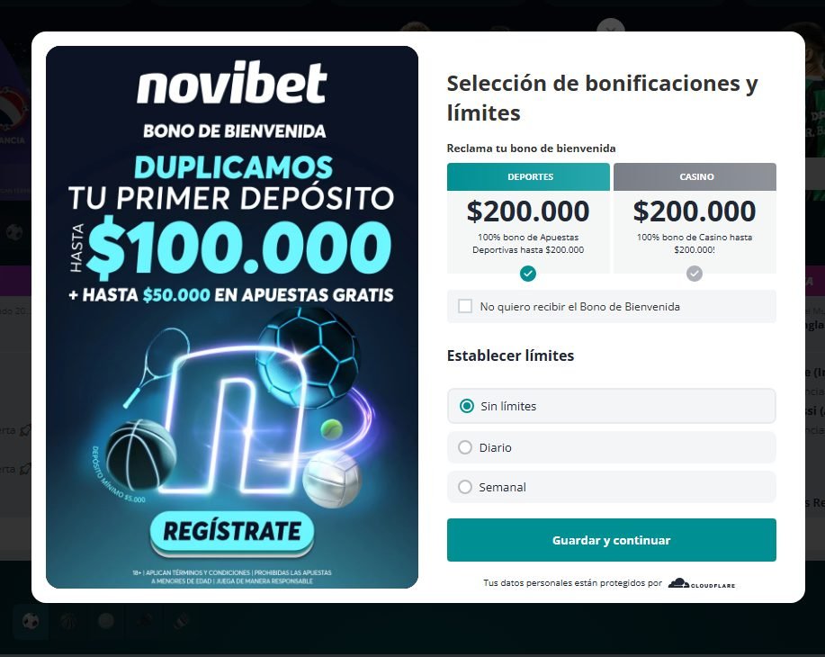 Pantalla de bono de bienvenida de Novibet Chile con la opción Casino 100% hasta 200.000 y Deportes hasta 200.000