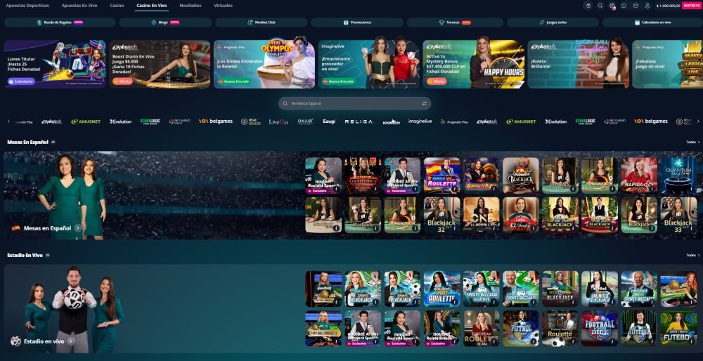 Casino en vivo de Novibet con mesas en español de ruleta y blackjack y sección Estadio en Vivo de temática deportiva