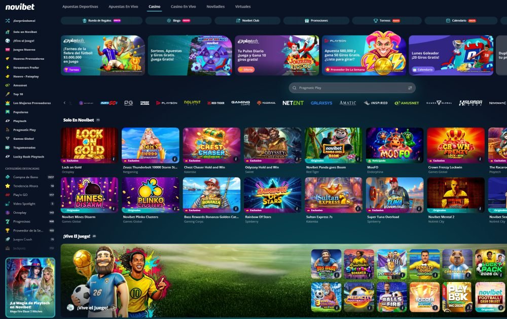 Lobby de casino de Novibet Chile con tragamonedas exclusivas Solo en Novibet y proveedores como Pragmatic Play, Playtech y Play'n GO
