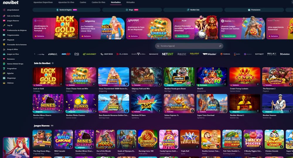 Sección de juegos nuevos de Novibet con lanzamientos recientes de Pragmatic Play, Play'n GO y Games Global