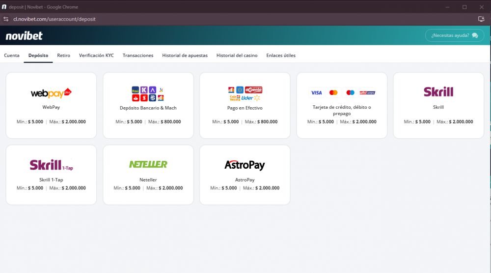 Caja de depósito de Novibet Chile con WebPay Plus, Depósito Bancario y Mach, Pago en Efectivo, tarjetas, Skrill, Neteller y AstroPay