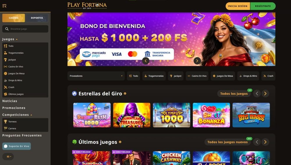 Lobby de Play Fortuna en español con el bono de bienvenida de hasta $1000 + 200 giros y tragamonedas como Sugar Rush, Gates of Olympus y Sweet Bonanza