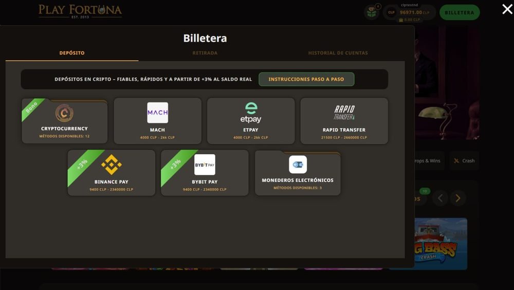 Caja de depósito (billetera) de Play Fortuna en CLP con MACH, ETpay, Rapid Transfer, criptomonedas, Binance Pay y Bybit Pay como métodos disponibles