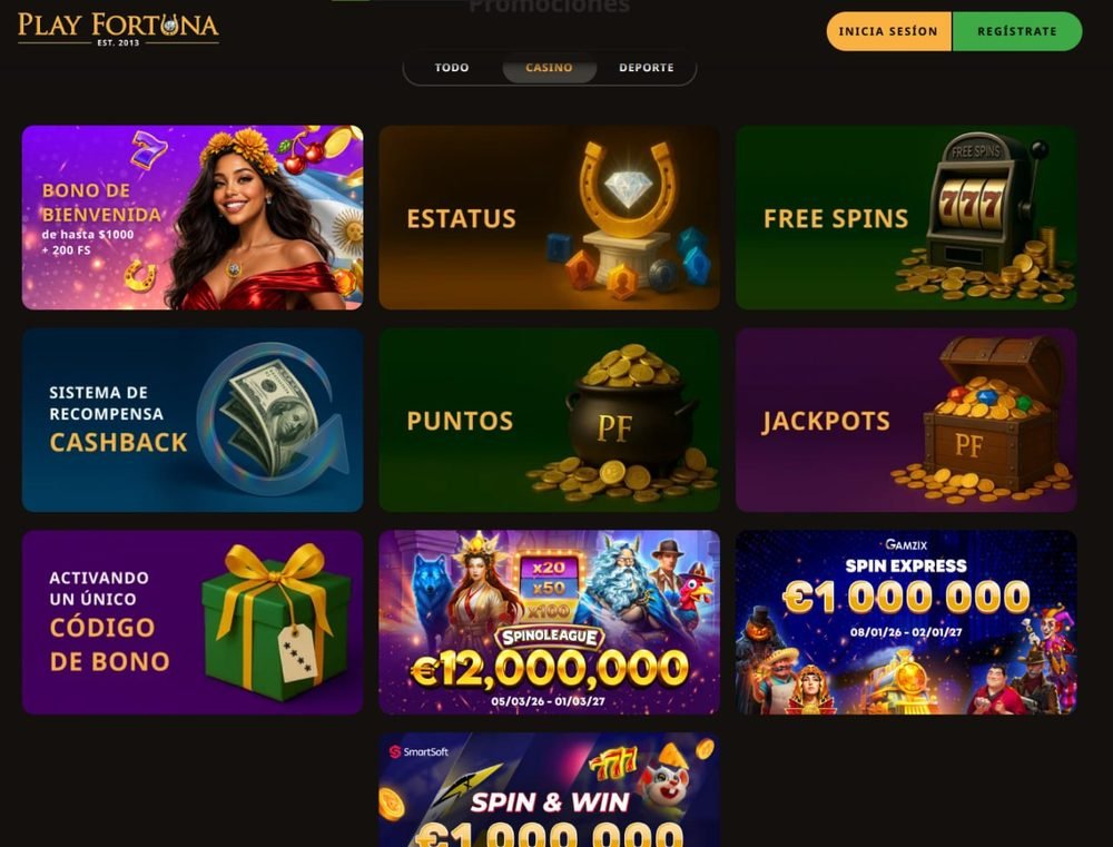 Página de promociones de Play Fortuna con bono de bienvenida hasta $1000 + 200 FS, sistema de recompensa cashback, estatus, free spins, puntos, jackpots y torneos SpinoLeague