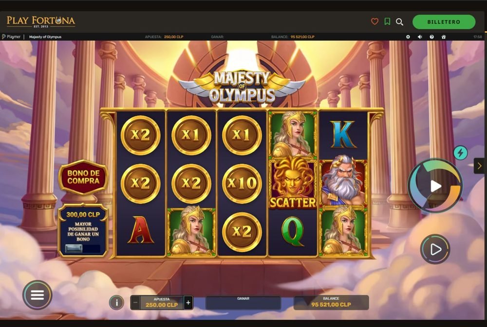 Tragamonedas Majesty of Olympus en Play Fortuna con apuesta de 250 CLP y balance en pesos chilenos, mostrando la función Bono de Compra (Bonus Buy)