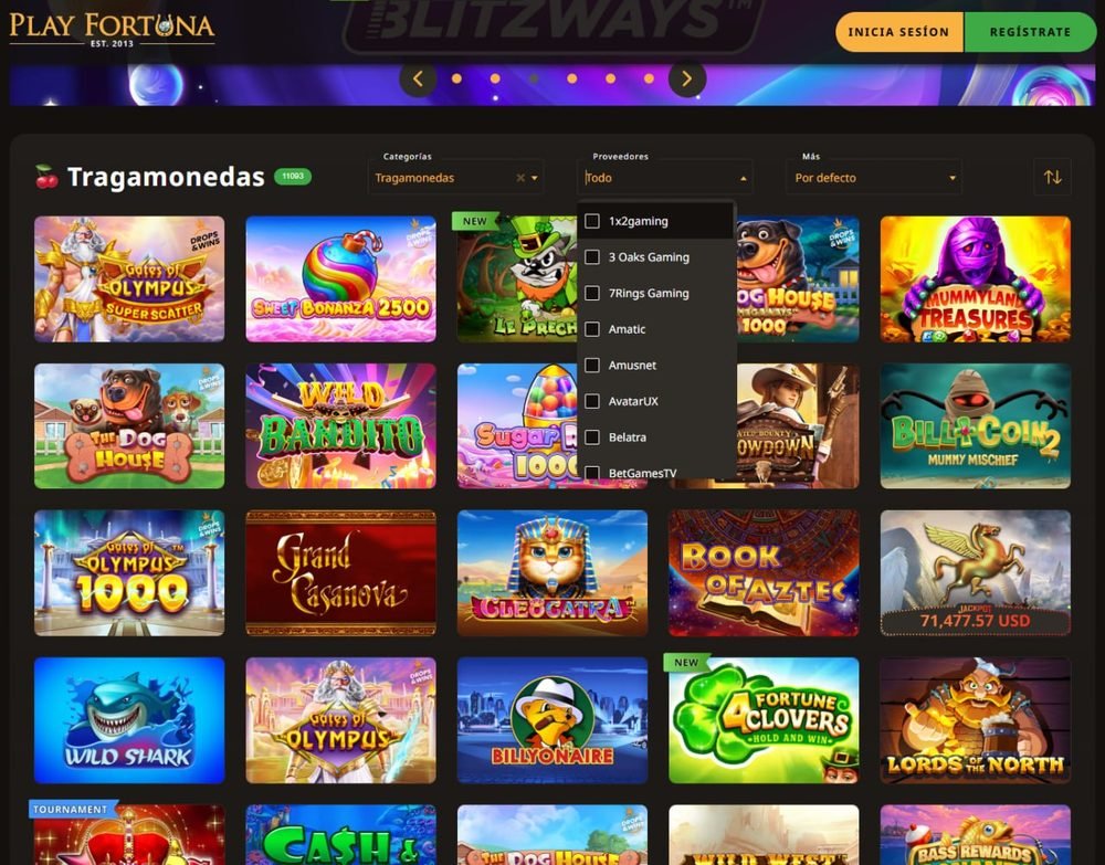 Sección de tragamonedas de Play Fortuna con 11.093 slots, filtro de proveedores y juegos como Gates of Olympus, Sweet Bonanza, Cleocatra y Book of Aztec, con un jackpot de 71.477 USD