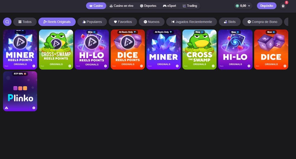 Reels Originals: Miner, Cross the Swamp, Hi-Lo, Dice y Plinko, juegos exclusivos de Reels.io
