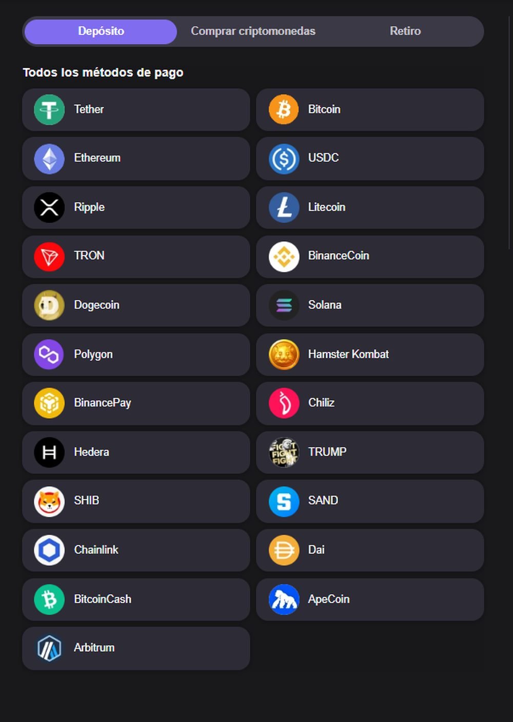 Métodos de pago de Reels.io con 19 criptomonedas incluyendo USDT, Bitcoin, Ethereum, Solana, BNB y Polygon