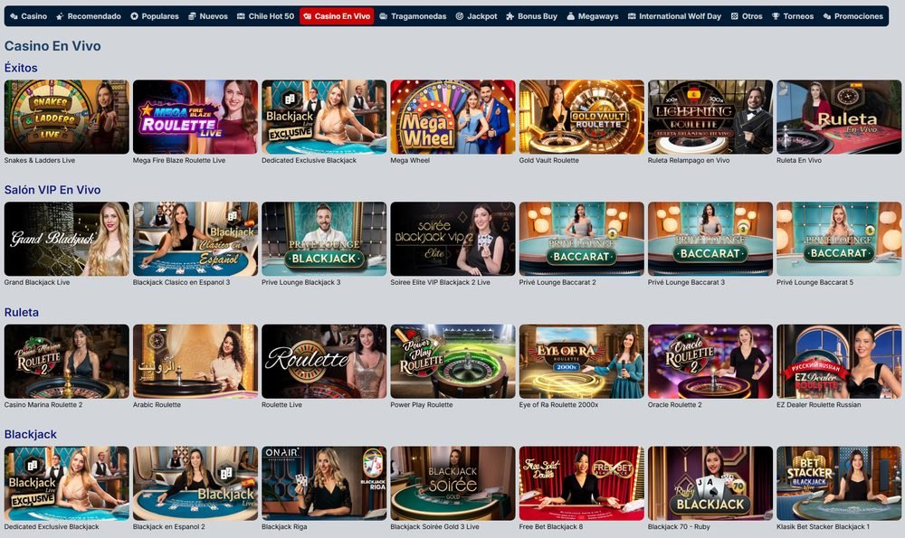 Casino en vivo de Rojabet con mesas de ruleta, blackjack y baccarat, incluidas mesas en español como Blackjack Clásico en Español y salón VIP en vivo