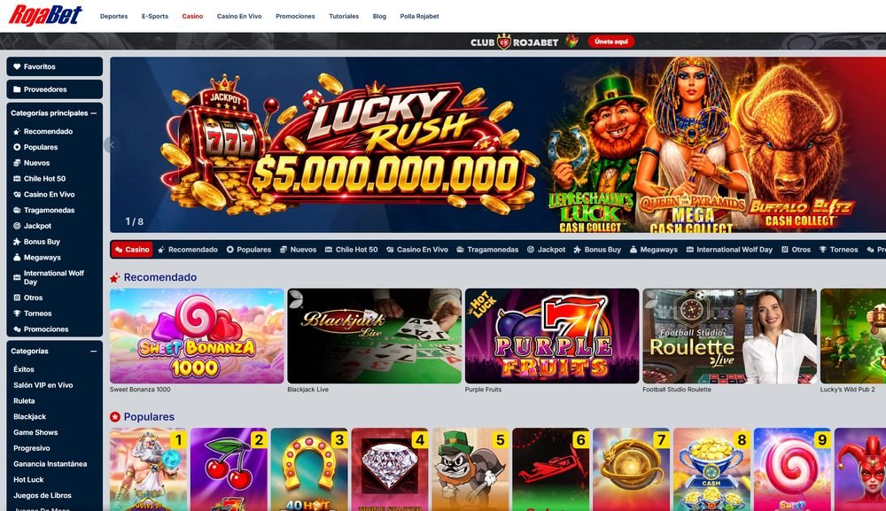 Lobby del casino de Rojabet en español con el banner de jackpot Lucky Rush de $5.000.000.000 y categorías como Chile Hot 50, Casino En Vivo, Tragamonedas, Jackpot y Bonus Buy