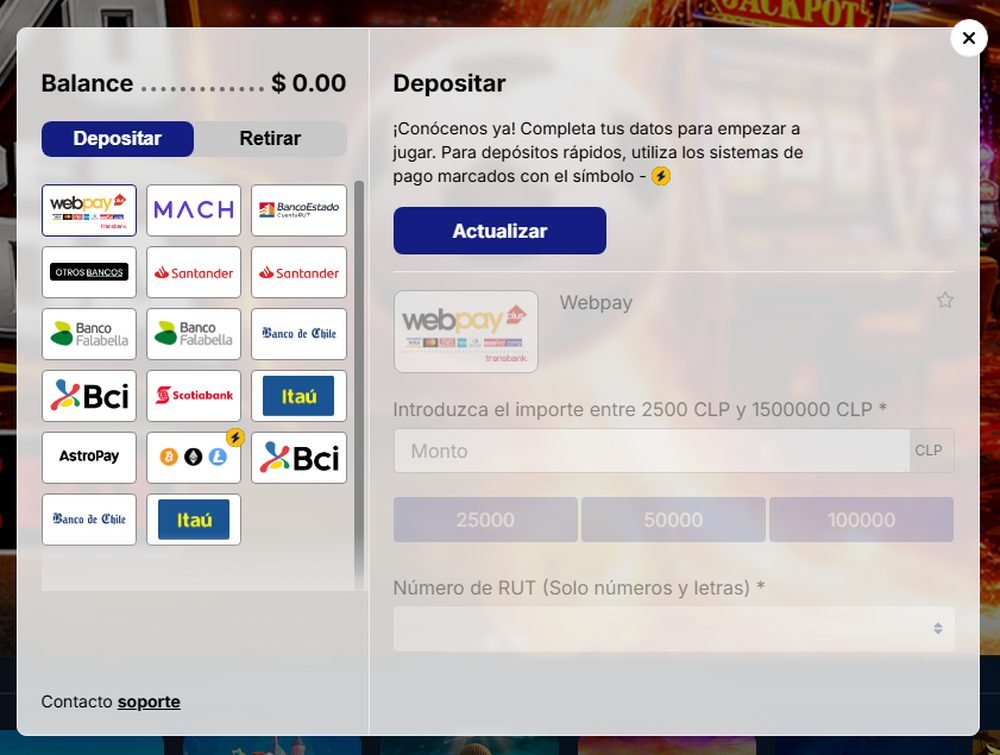 Caja de depósito de Rojabet en CLP con WebPay, MACH, BancoEstado CuentaRUT, Santander, Banco de Chile, Bci, Scotiabank, Itaú, AstroPay y criptomonedas, con WebPay desde 2.500 CLP