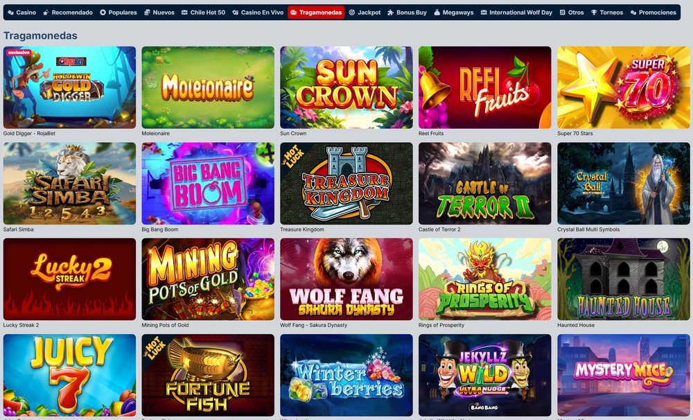 Catálogo de tragamonedas de Rojabet con el juego exclusivo Gold Digger - RojaBet y títulos como Sun Crown, Safari Simba, Treasure Kingdom y Mining Pots of Gold