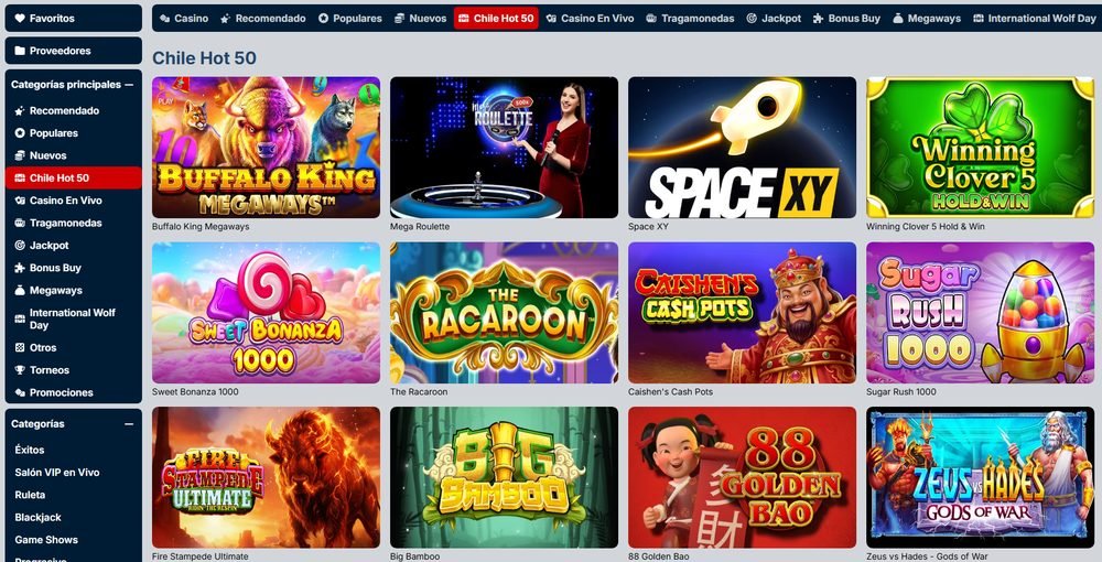 Sección Chile Hot 50 de tragamonedas en Rojabet con juegos como Buffalo King Megaways, Sweet Bonanza 1000, Sugar Rush 1000, Big Bamboo y Zeus vs Hades