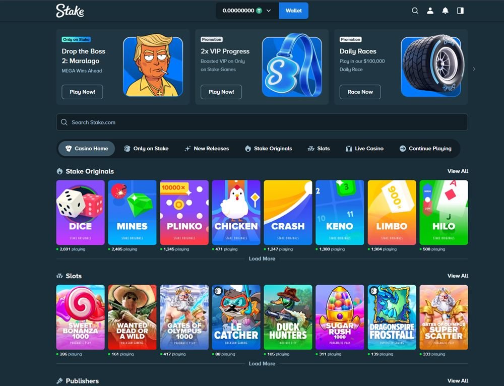 Lobby de Stake Casino con banners de promociones, Stake Originals y tragamonedas
