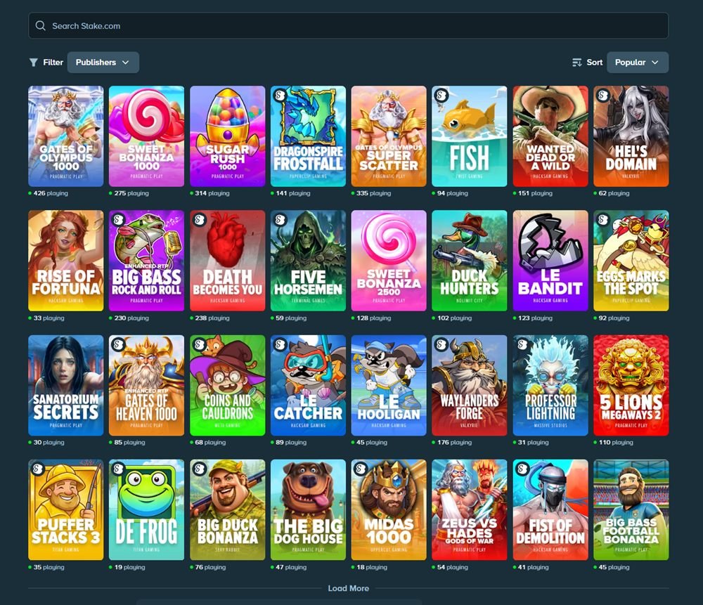 Biblioteca de tragamonedas de Stake con Gates of Olympus, Sweet Bonanza, Sugar Rush y más slots populares