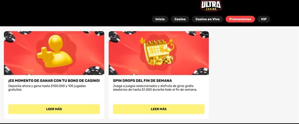 Página de promociones de Ultra Casino con bono de casino del 100% + 100 jugadas gratis y Spin Drops de fin de semana