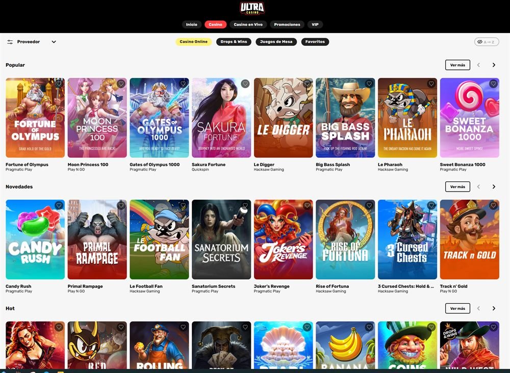 Catálogo de tragamonedas de Ultra Casino con Gates of Olympus, Sweet Bonanza 1000, Le Pharaoh y más slots