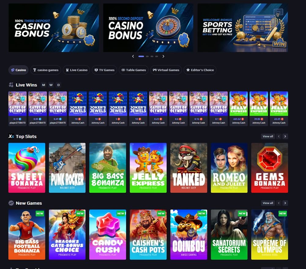 Vista general del lobby de XSBets con tragamonedas populares