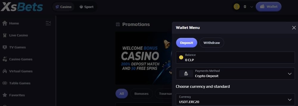 Billetera de XSBets con saldo en CLP y depósito en criptomonedas como USDT, BTC y ETH